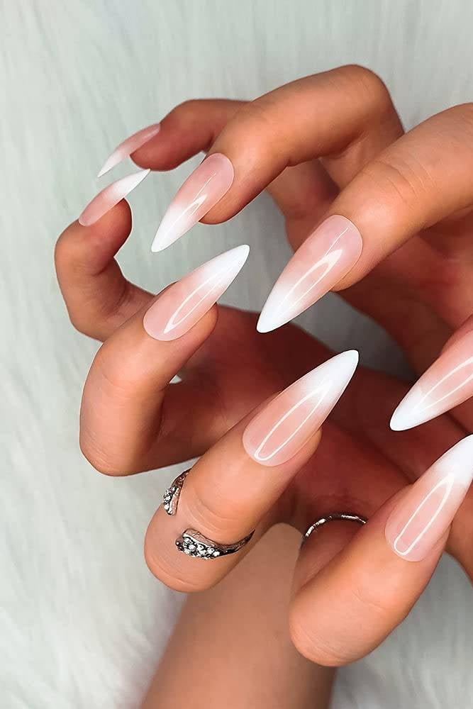 Long Almond Press On Nails Nude White Ombre Glossy Nail Kit - TGC Boutique - Press On Nails