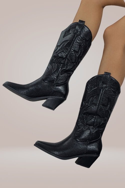 Mid-Calf Metallic Black Cowboy Boots - TGC Boutique - Boots