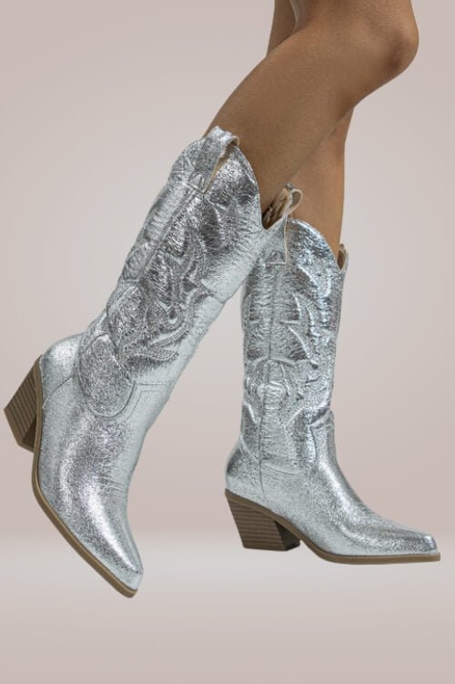Mid Calf Metallic Silver Cowboy Boots - TGC Boutique - Boots