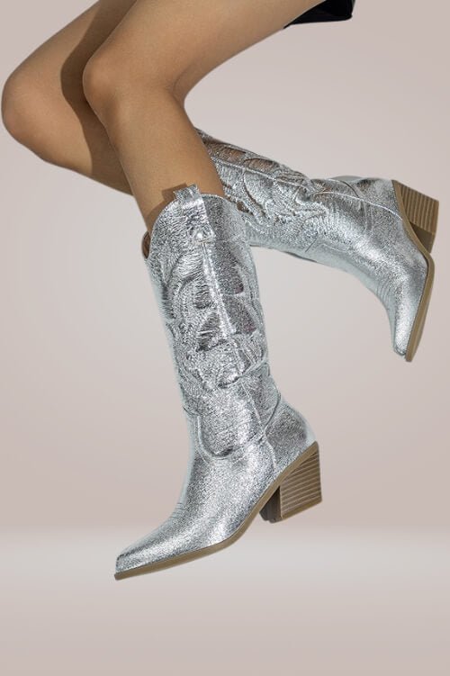 Mid Calf Metallic Silver Cowboy Boots - TGC Boutique - Boots