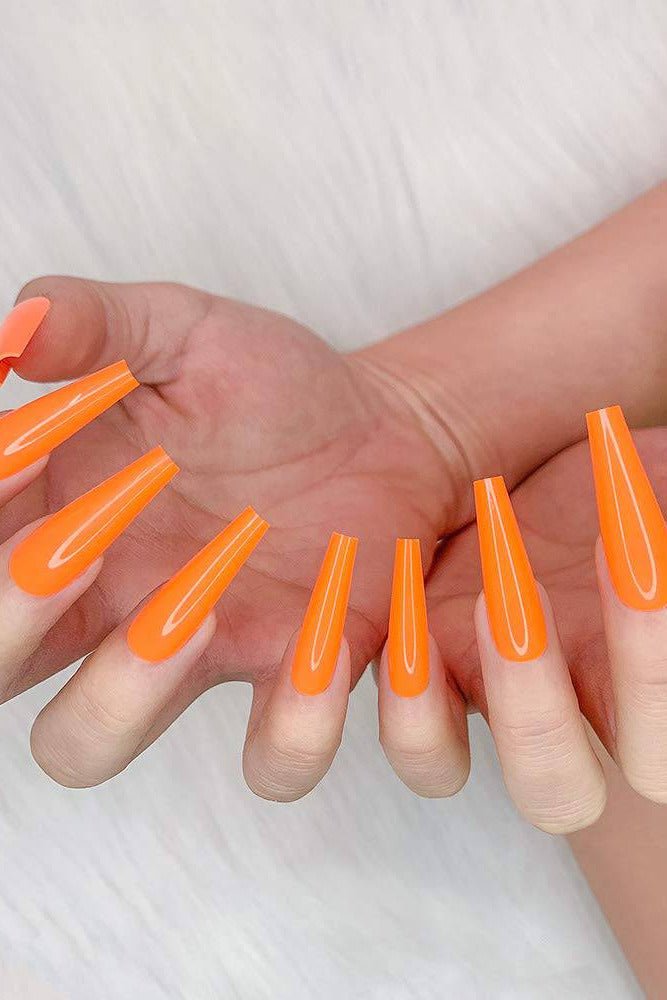 Orange Press On Nails, Extra Long Glossy Coffin Kit - TGC Boutique - Press On Nails