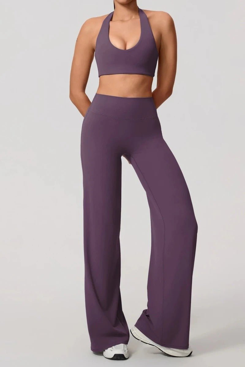 Pilates Outfit with Halter Bra and Wide Leg Trousers - TGC Boutique - Activewear Sets