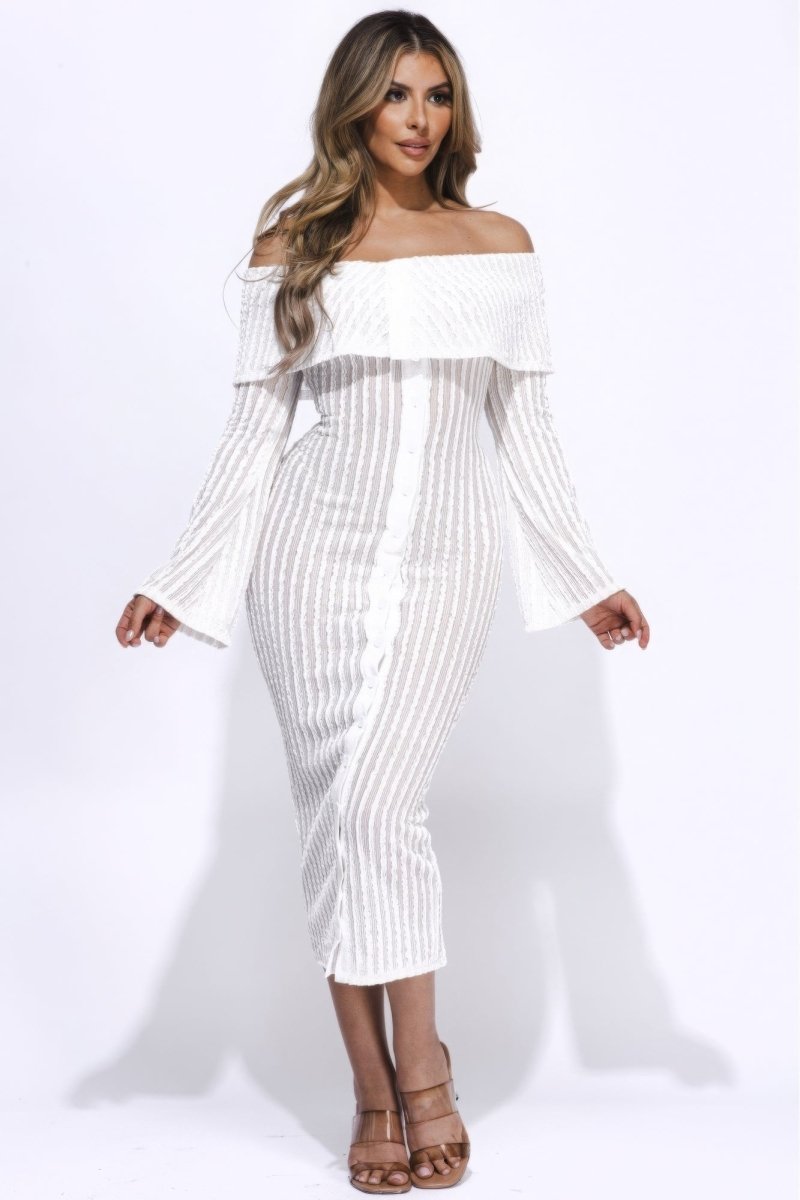 Ruffled Off The Shoulder White Midi Dress - TGC Boutique - Midi Dress
