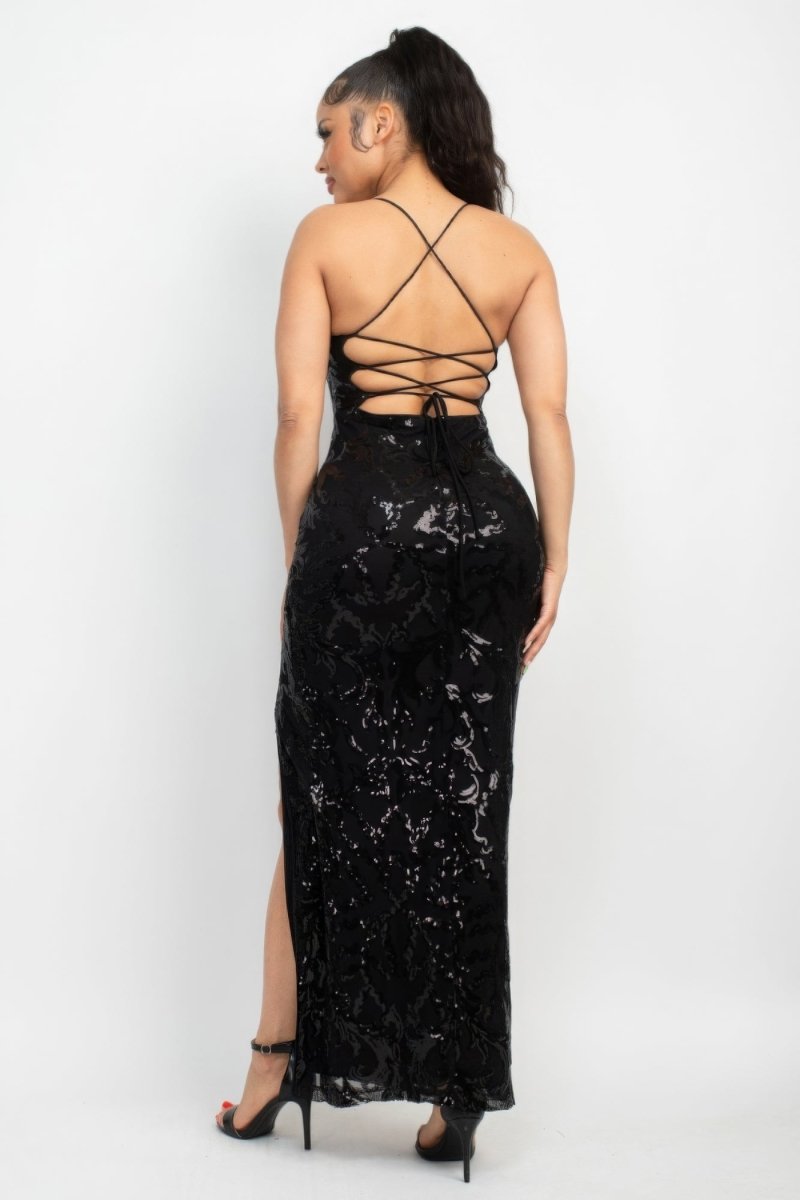 Sequin Back-crisscross Tie Slit Dress - TGC Boutique -