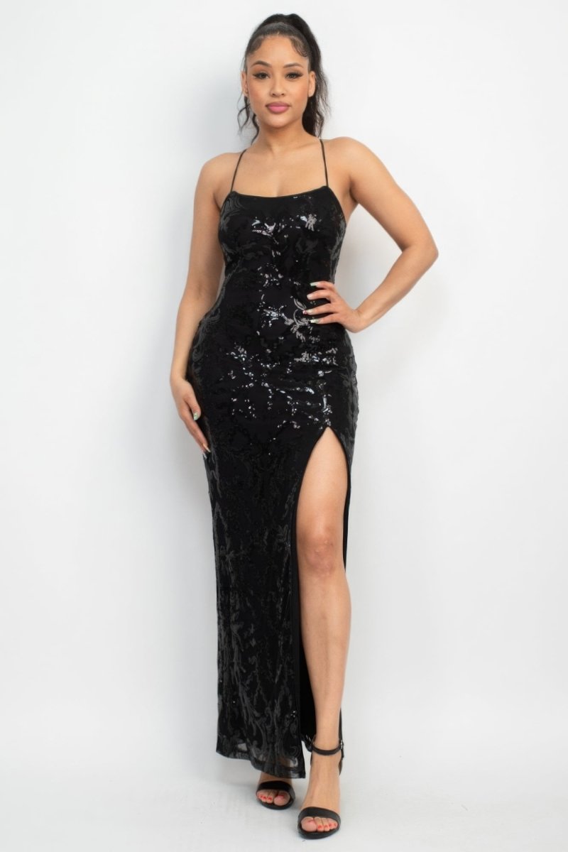 Sequin Back-crisscross Tie Slit Dress - TGC Boutique -