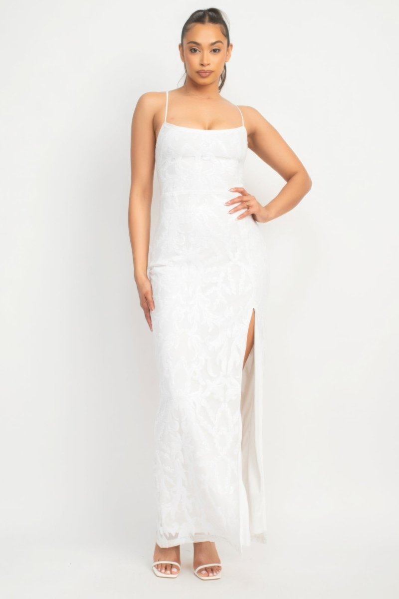 Sequin Back-crisscross Tie Slit Dress - TGC Boutique -