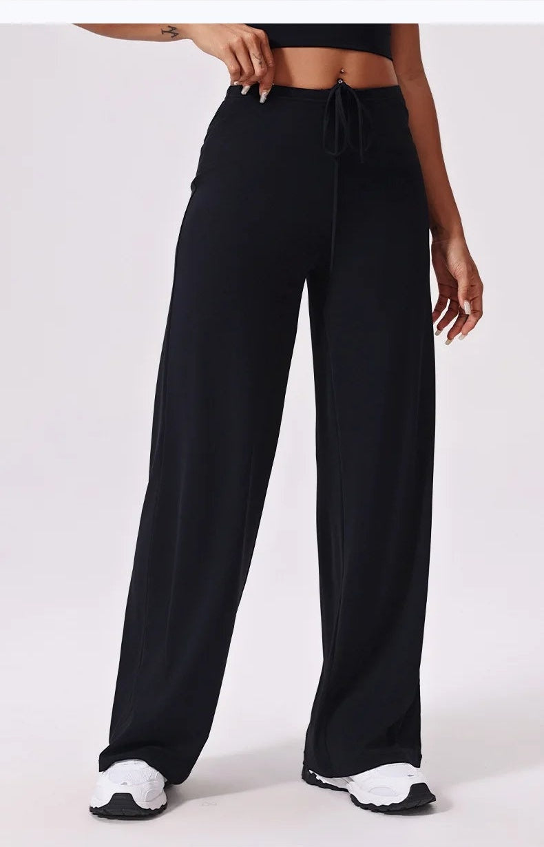 Black comfortable yoga pants side view showing the leg opening
