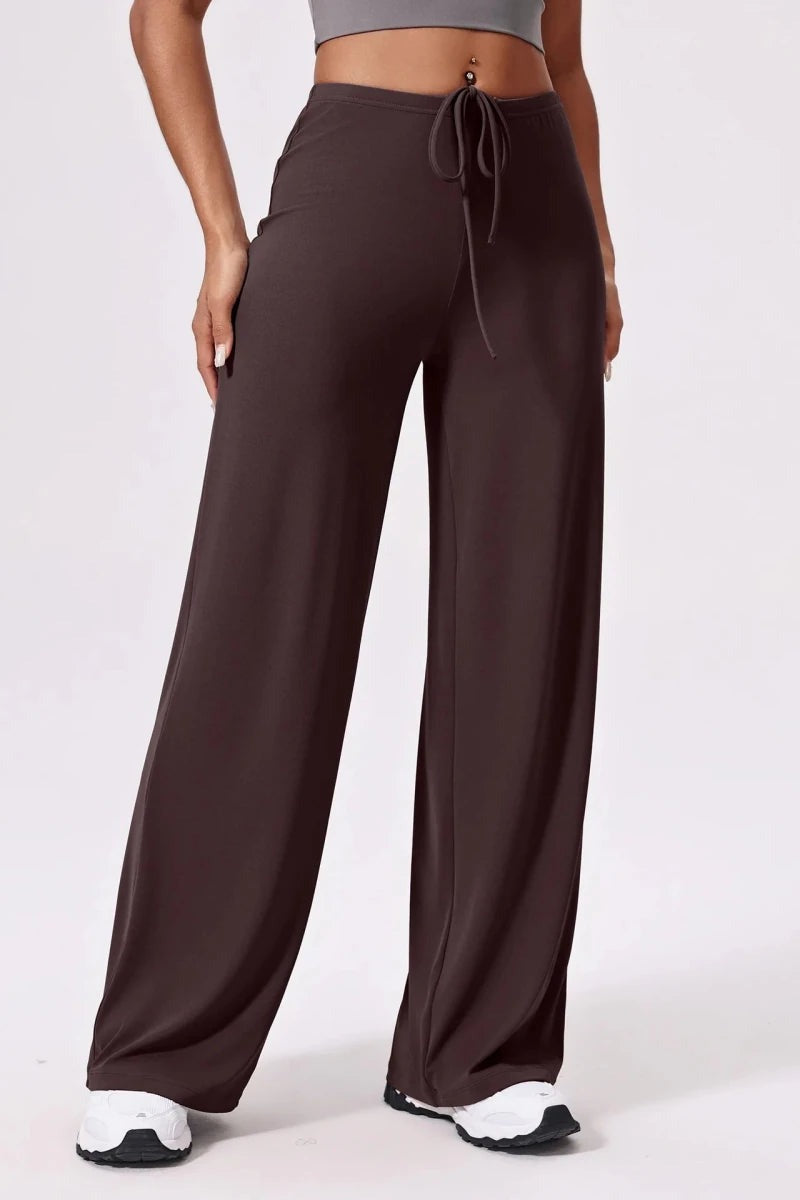 Coffee brown wide leg lounge pants, front, drawstring waist