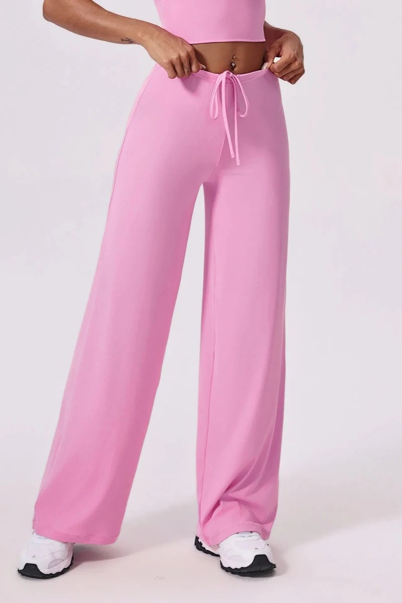 Pink wide leg yoga pants, front, high waist