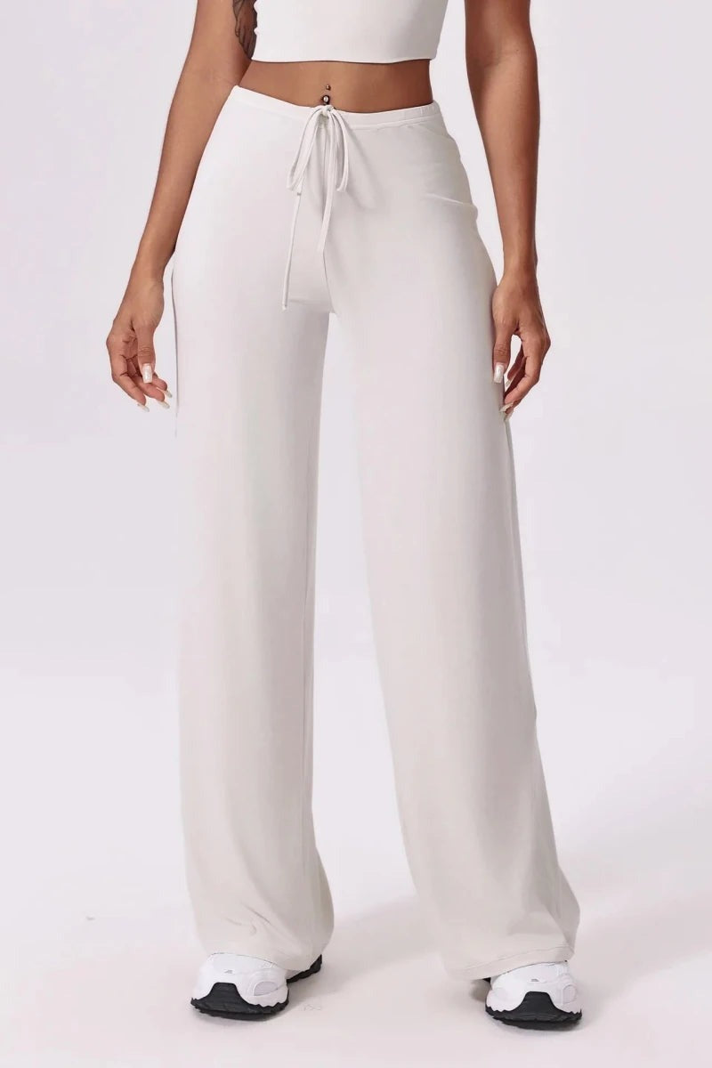White wide leg yoga pants for women with high drawstring waist, front