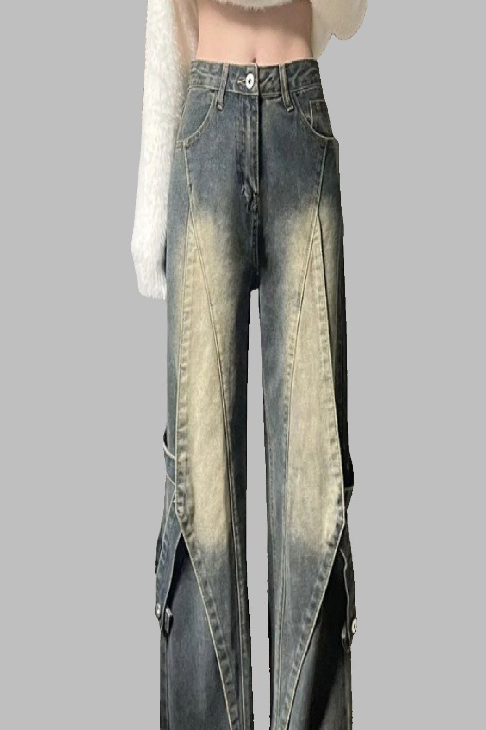 Y2K baggy wide leg jeans for women in two tone acid wash, front, high waist