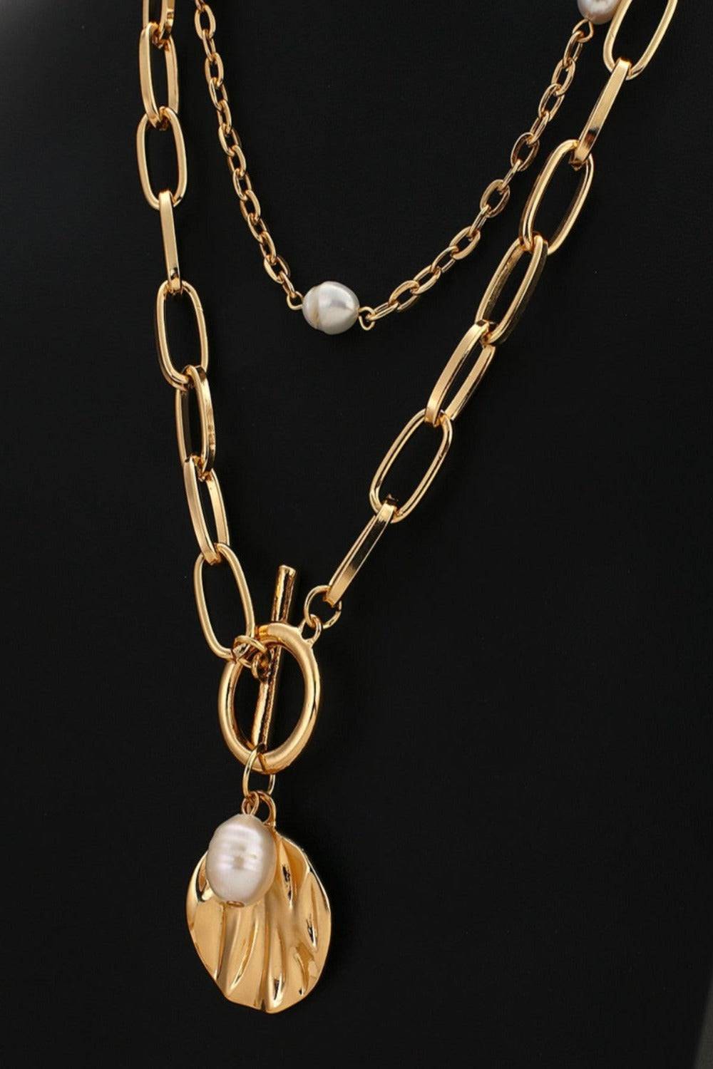 2 Tier Pearl Chain Pendant Gold Layered Necklace - TGC Boutique - Gold Necklace