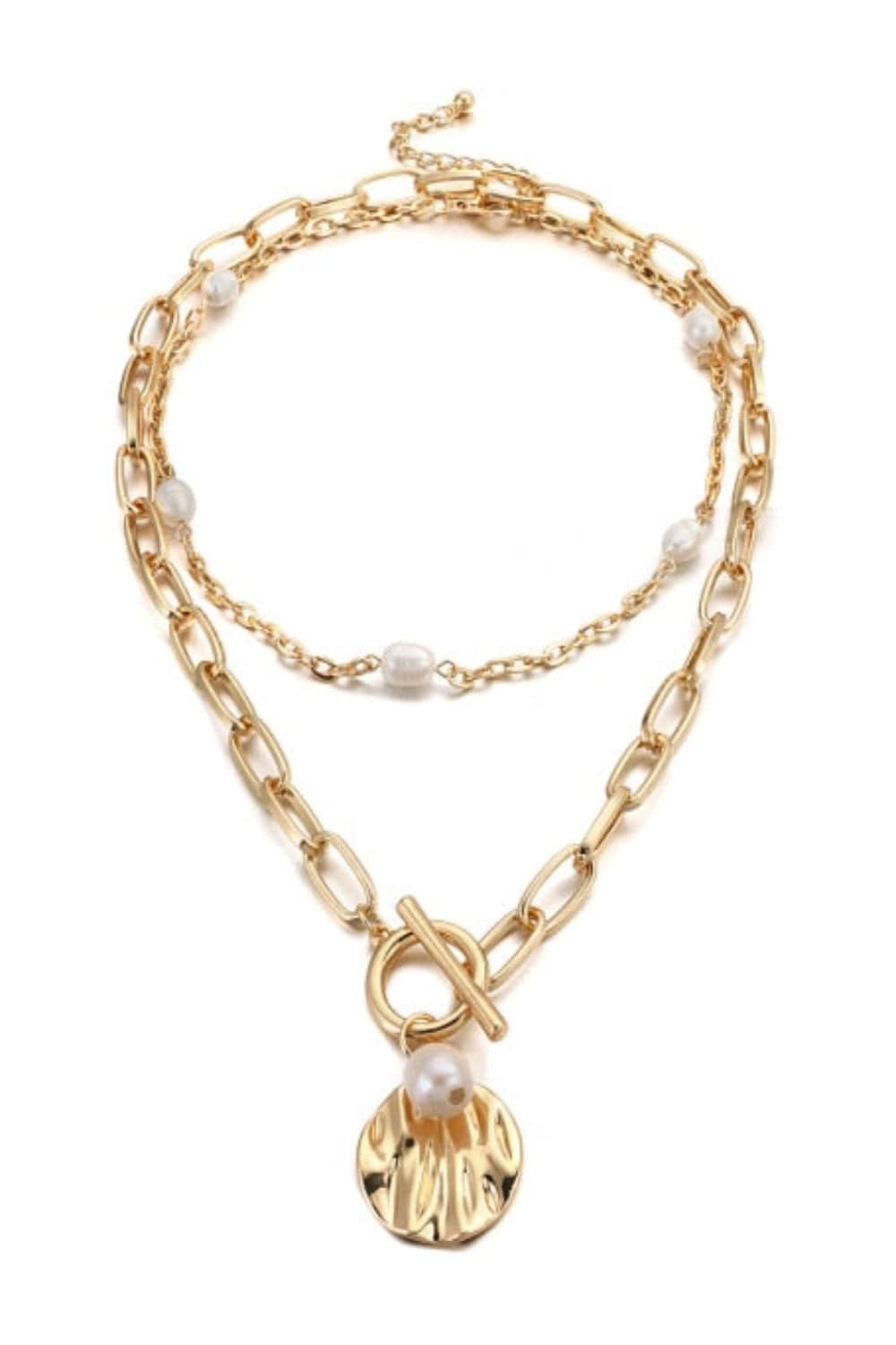 2 Tier Pearl Chain Pendant Gold Layered Necklace - TGC Boutique - Gold Necklace