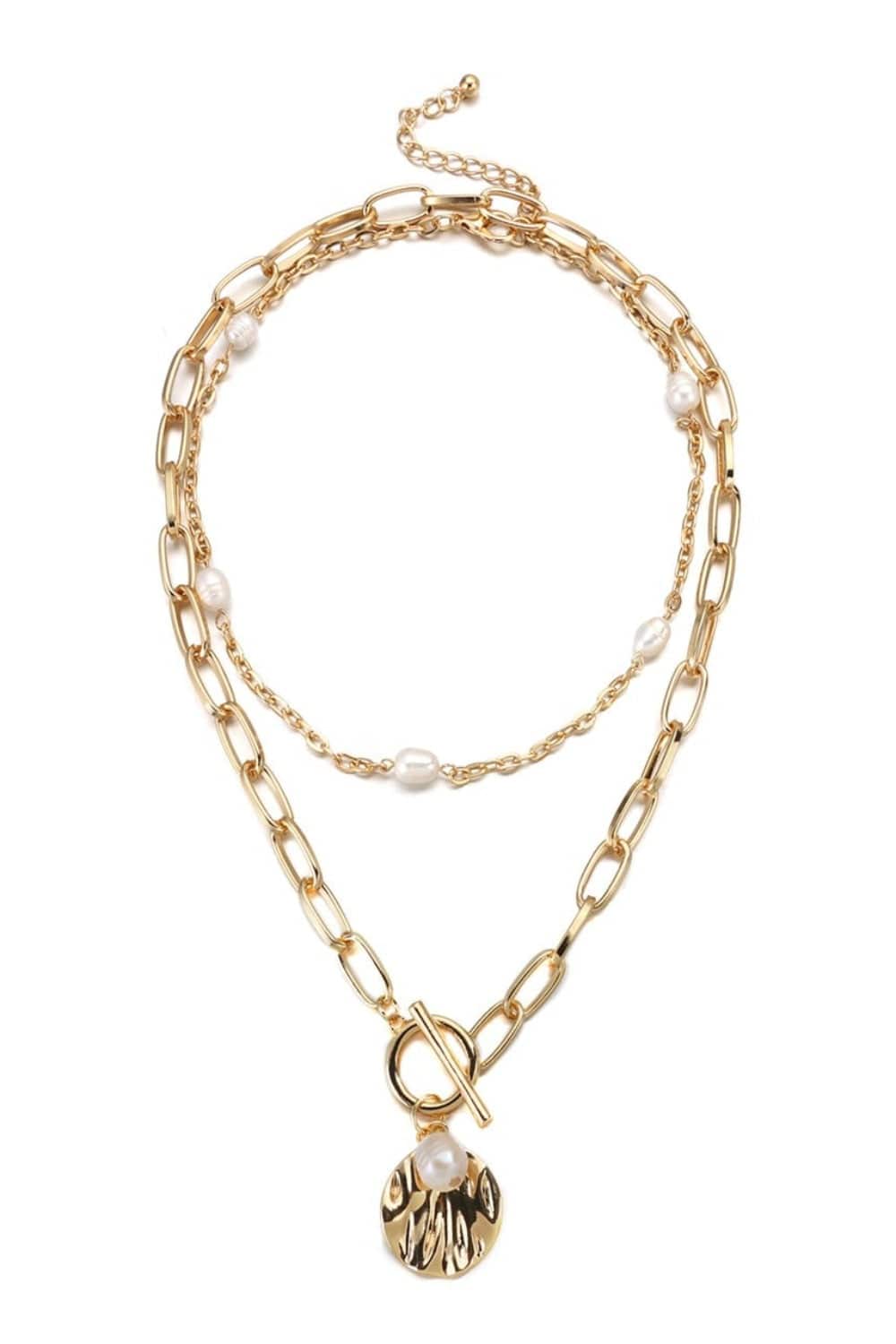2 Tier Pearl Chain Pendant Gold Layered Necklace - TGC Boutique - Gold Necklace