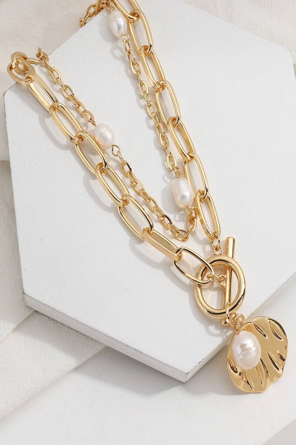 2 Tier Pearl Chain Pendant Gold Layered Necklace - TGC Boutique - Gold Necklace
