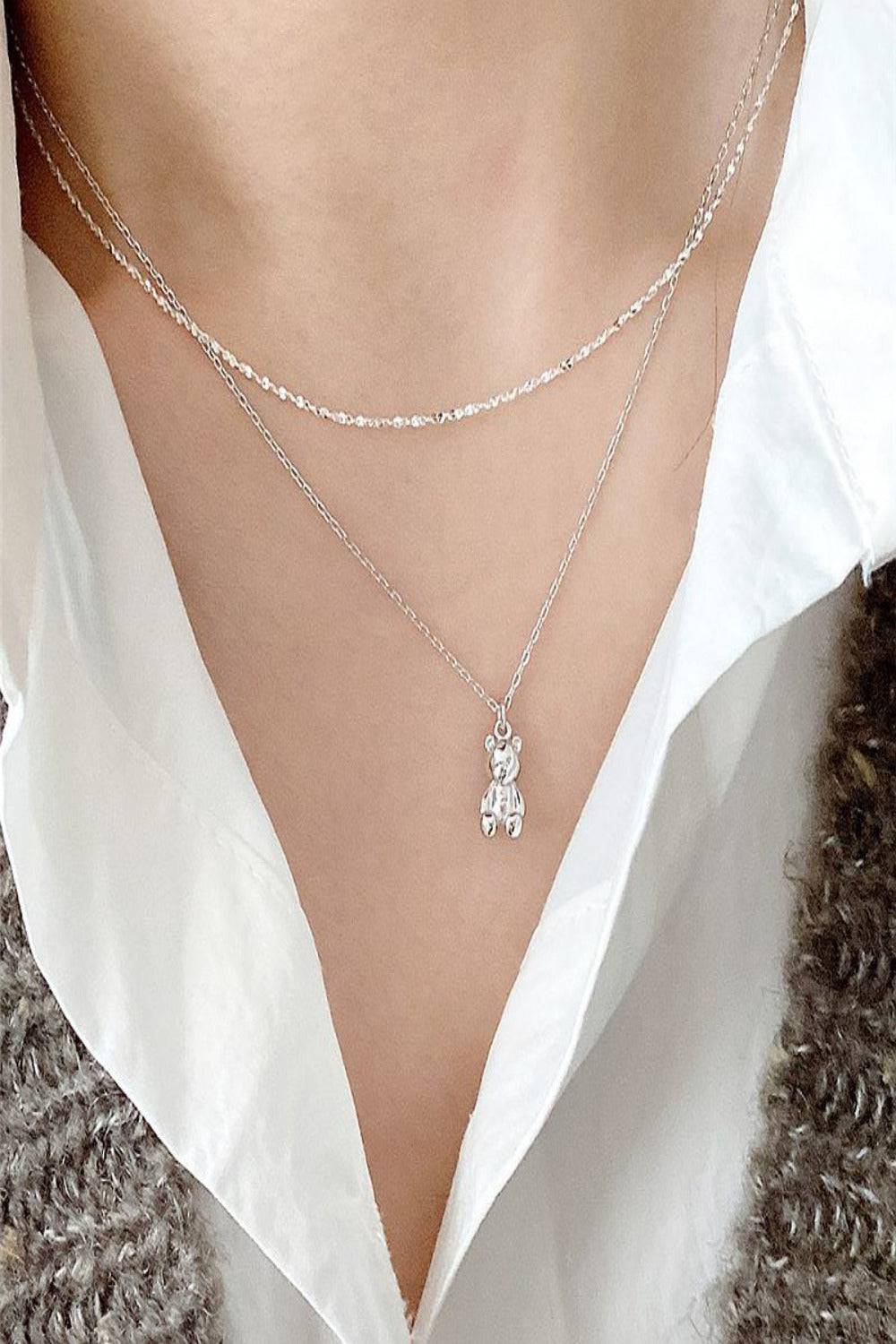 925 Sterling Silver Teddy Bear Charm Necklace - TGC Boutique - Silver Necklace