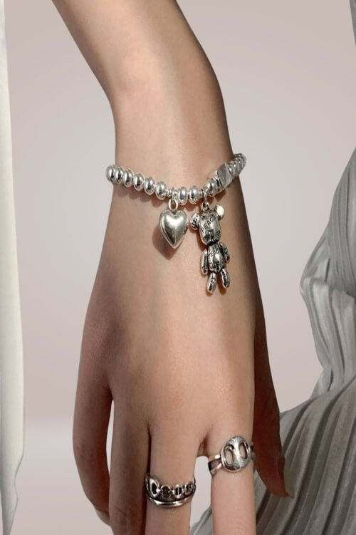 925 Sterling Silver Teddy Bear Heart Charm Bracelet - TGC Boutique - Earrings