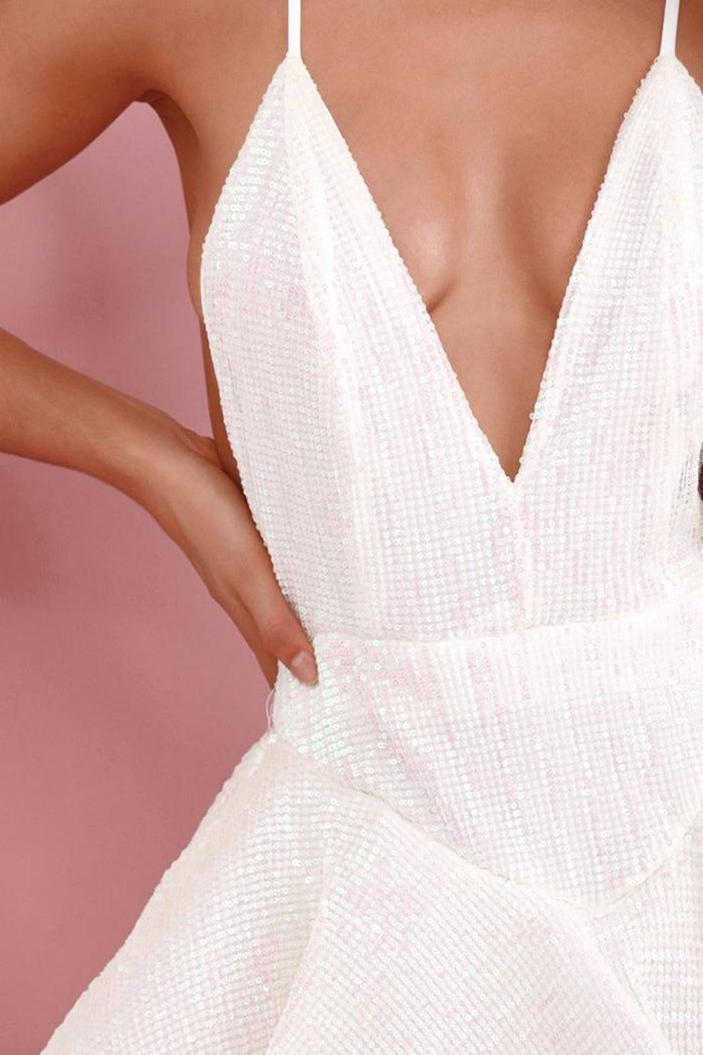 A Night In The Ballet Sequins White Ruffle Mini Dress - TGC Boutique - White Jumpsuits