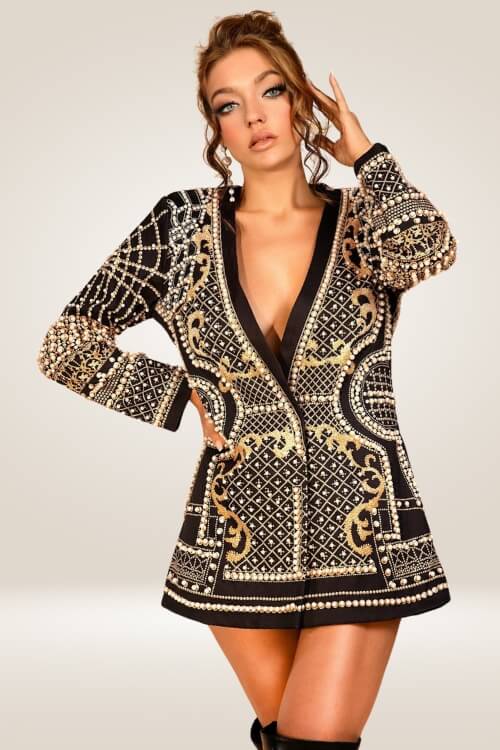 Adriana Pearl Blazer Dress In Gold - TGC Boutique - Blazer Dress