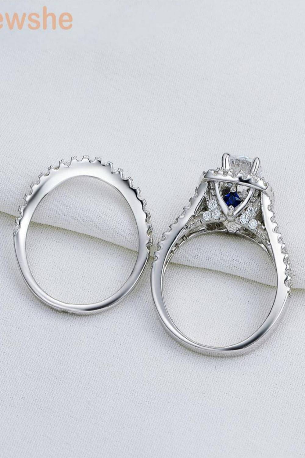 Art Deco Round Cut Blue Sapphire Engagement Ring Set - TGC Boutique - Sterling Silver Ring Set