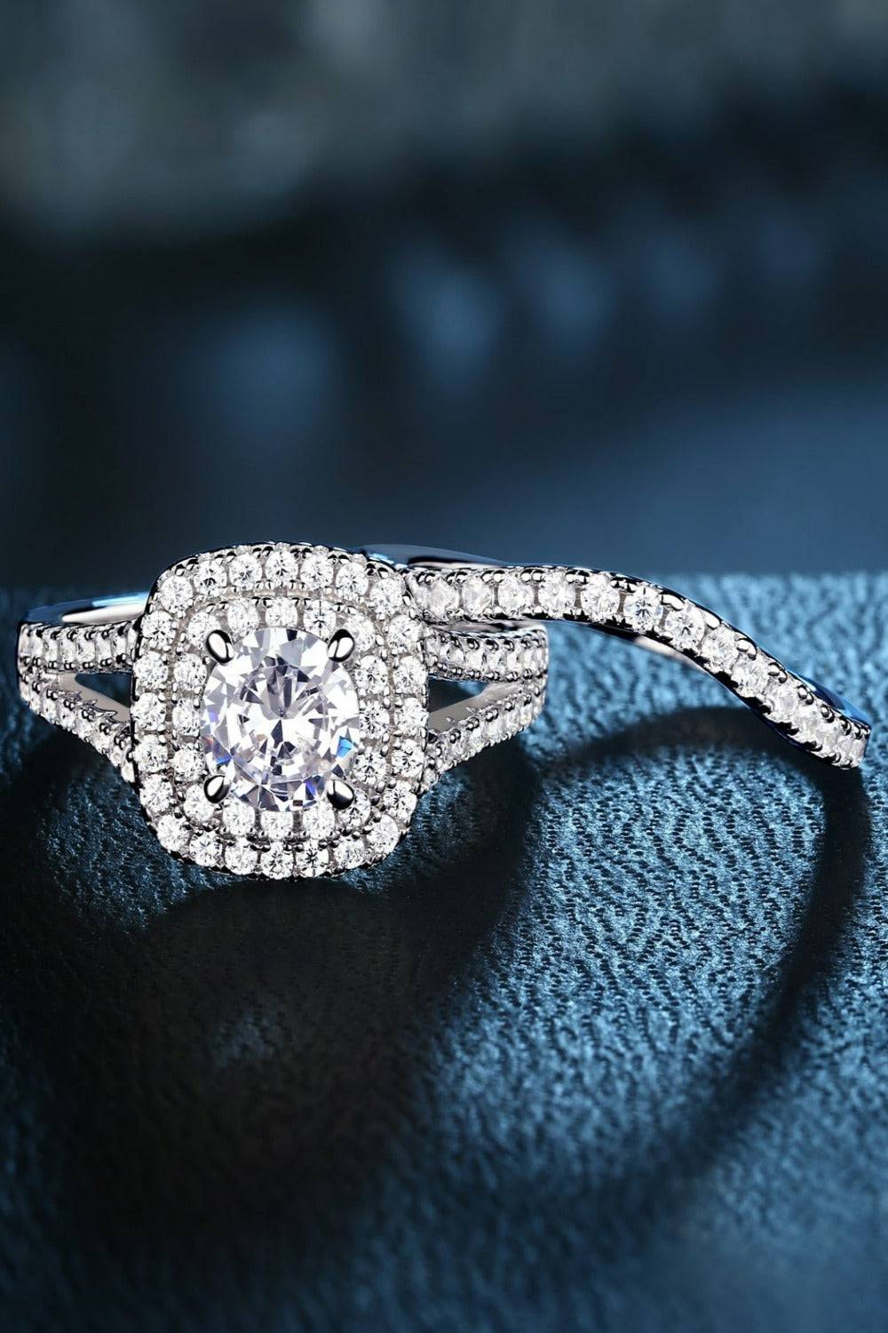 Art Deco Round Cut Blue Sapphire Engagement Ring Set - TGC Boutique - Sterling Silver Ring Set