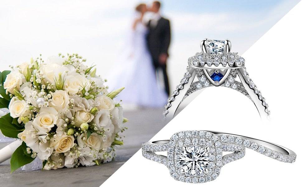 Art Deco Round Cut Blue Sapphire Engagement Ring Set - TGC Boutique - Sterling Silver Ring Set
