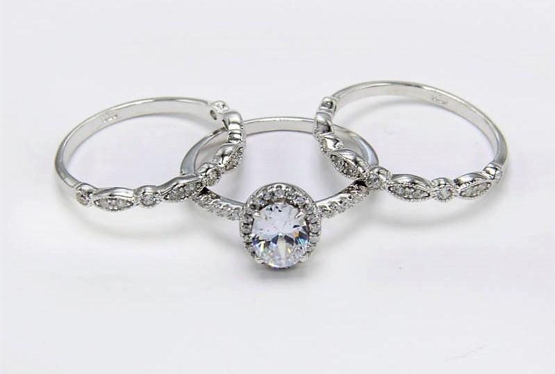 Art Deco Sterling Silver 3 Pc Ring Set - TGC Boutique - Engagement Ring Set