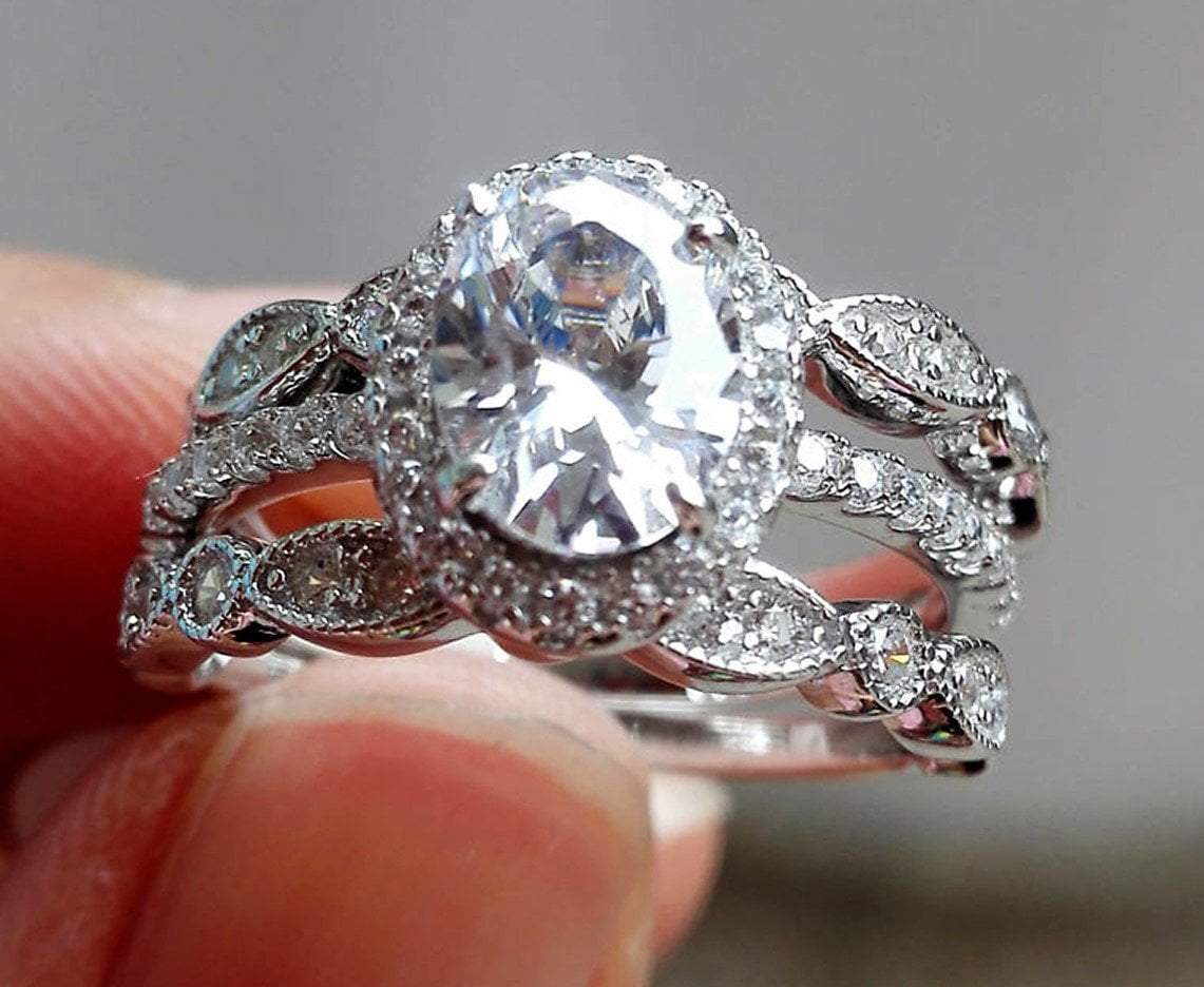 Art Deco Sterling Silver 3 Pc Ring Set - TGC Boutique - Engagement Ring Set