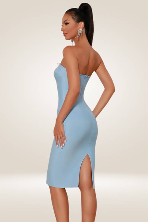 Azure Elegance Crystal Trim Bodycon Midi Dress - TGC Boutique - Bodycon Dress