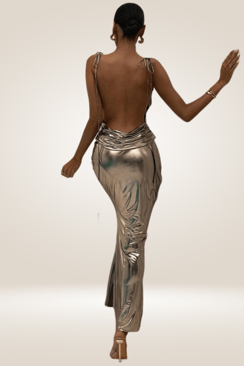 Backless Metallic Gold Pleated Maxi Dress - TGC Boutique - maxi dress