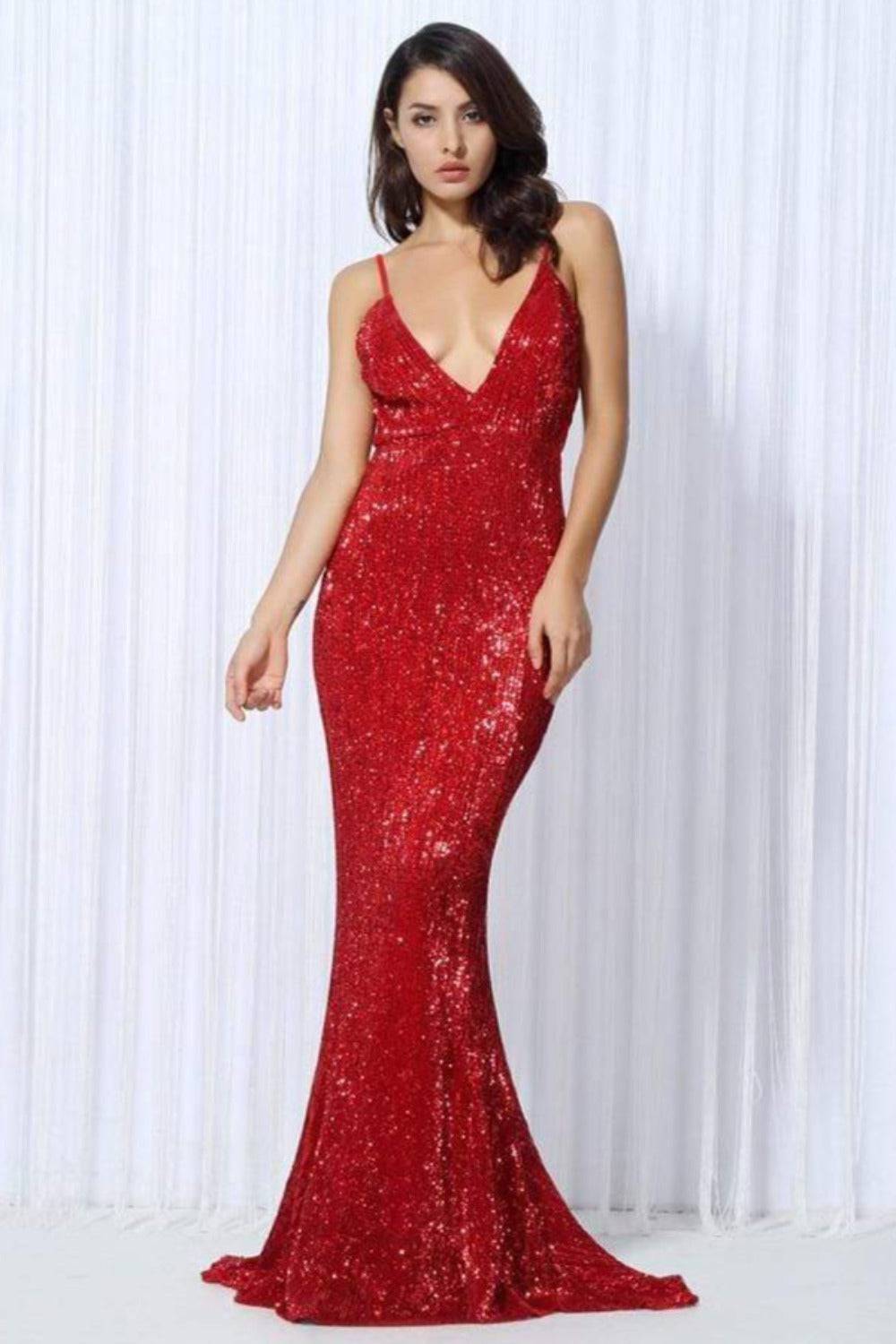 Backless Red Sequin Maxi Dress - TGC Boutique - Evening Gown