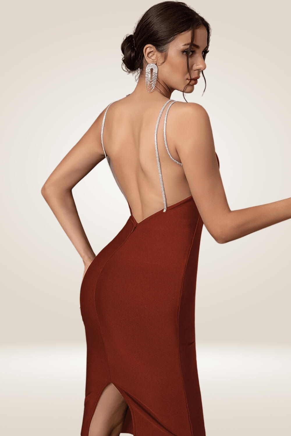 Backless Rhinestone Strap Brown Bodycon Dress - TGC Boutique - Bodycon Dress