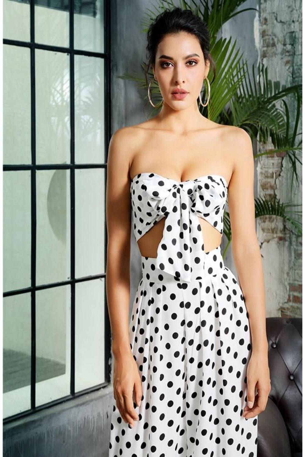 Black And White Polka Dot Two-Piece Strapless Top High Waist Pants Set - TGC Boutique - 2 Piece Set