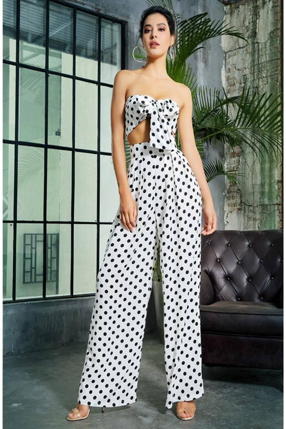 Black And White Polka Dot Two-Piece Strapless Top High Waist Pants Set - TGC Boutique - 2 Piece Set