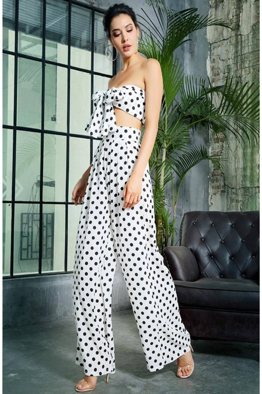 Black And White Polka Dot Two-Piece Strapless Top High Waist Pants Set - TGC Boutique - 2 Piece Set