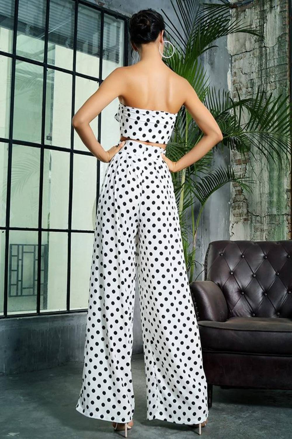 Black And White Polka Dot Two-Piece Strapless Top High Waist Pants Set - TGC Boutique - 2 Piece Set