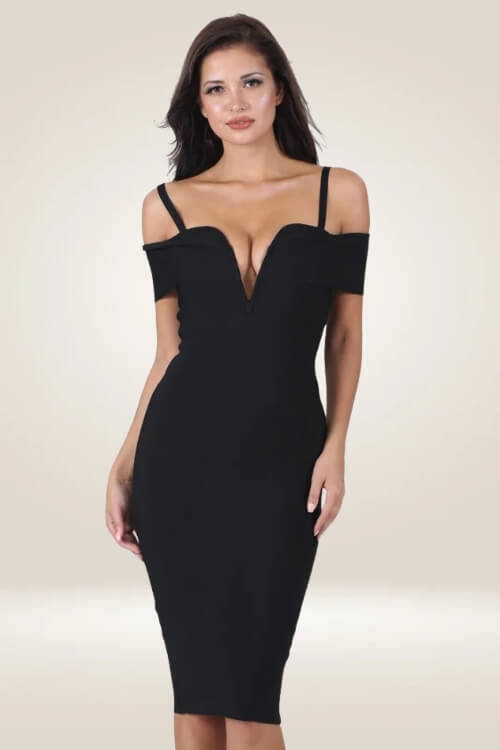 Black Bodycon V Neck Knee Length Mini Dress - TGC Boutique - Bodycon Dress