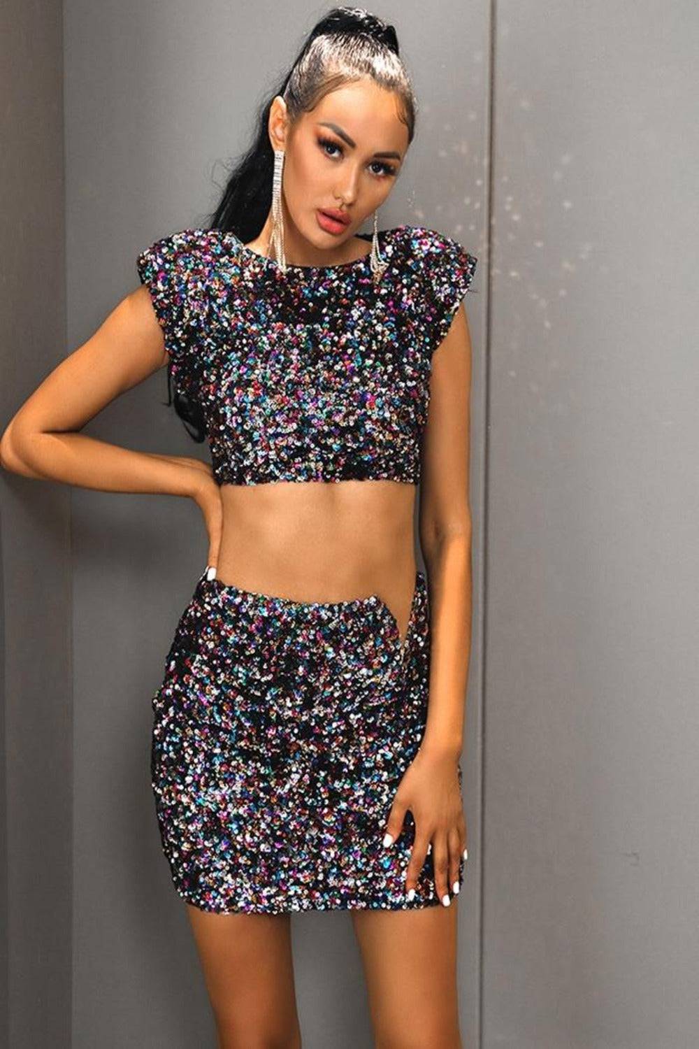 Black Cut Out Stretch Sequin Bodycon Mini Skirt - TGC Boutique - Skirt