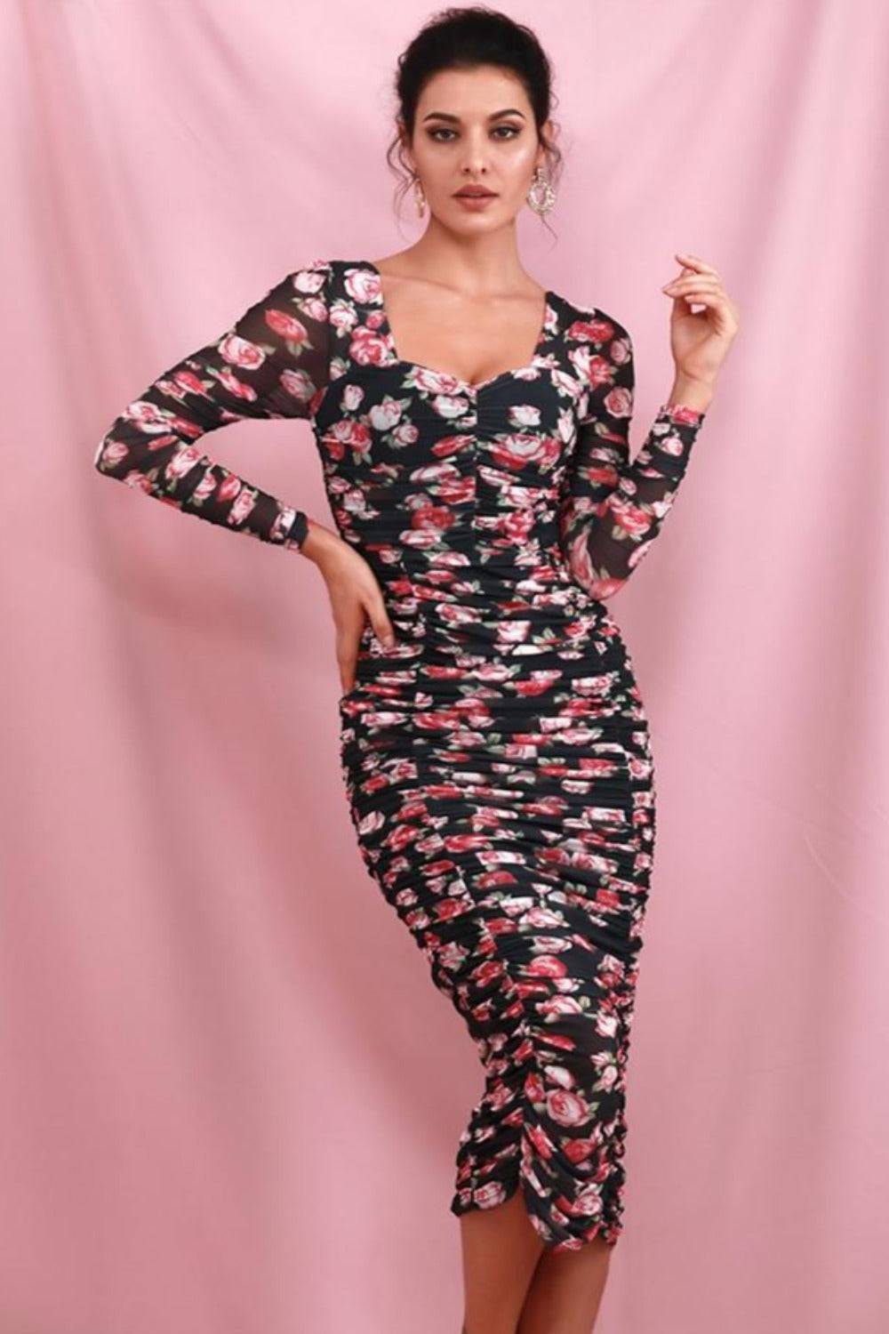 Black Floral Print Elastic Long Sleeve Midi Dress - TGC Boutique - Floral Bodycon Dress