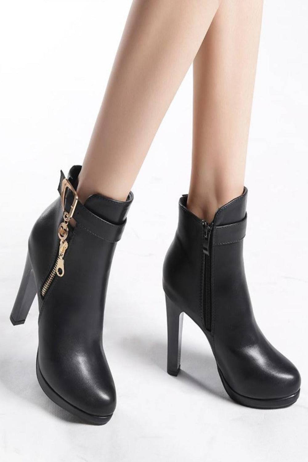 Black High Heel Short Ankle Boots With Gold Buckle - TGC Boutique - Ankle Booties
