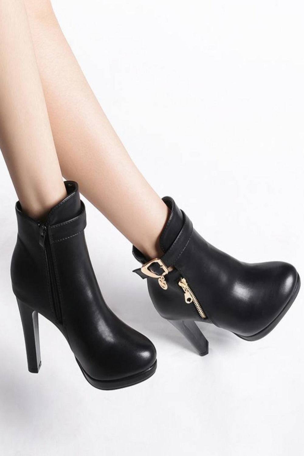 Black High Heel Short Ankle Boots With Gold Buckle - TGC Boutique - Ankle Booties