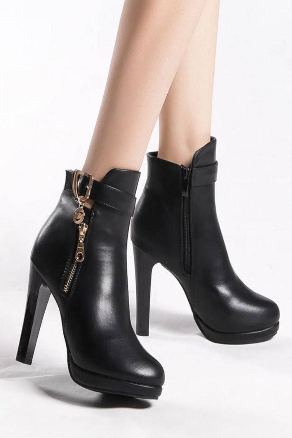 Black High Heel Short Ankle Boots With Gold Buckle - TGC Boutique - Ankle Booties