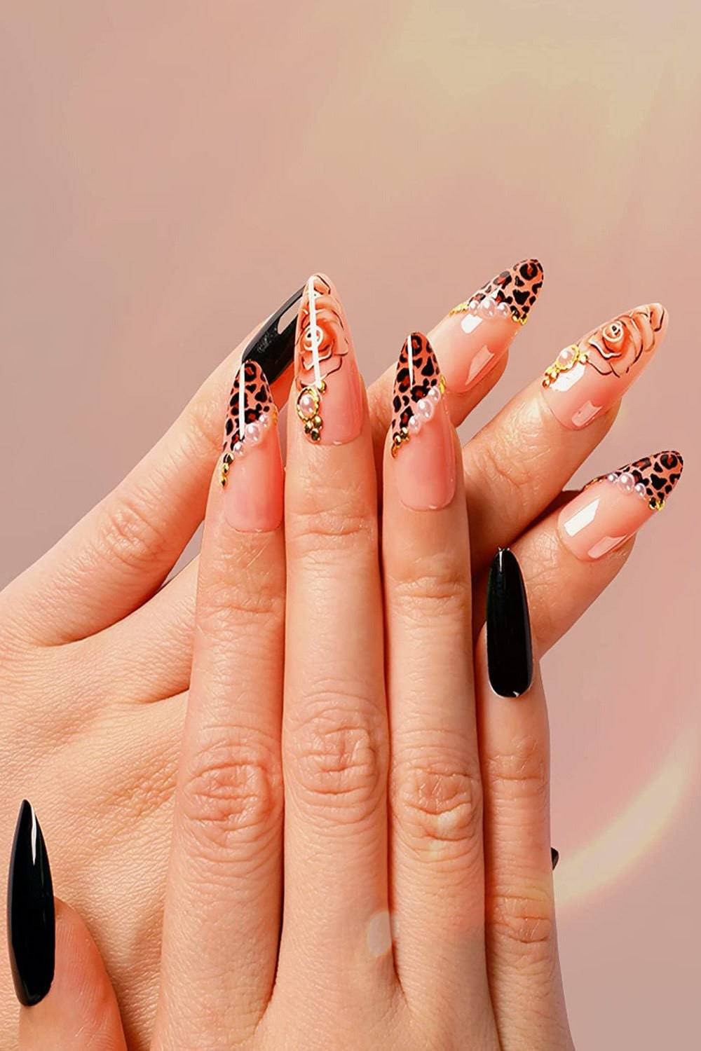 Black Leopard Print & Pearls French Tip Stiletto Press On Nails - TGC Boutique - Press On Nails