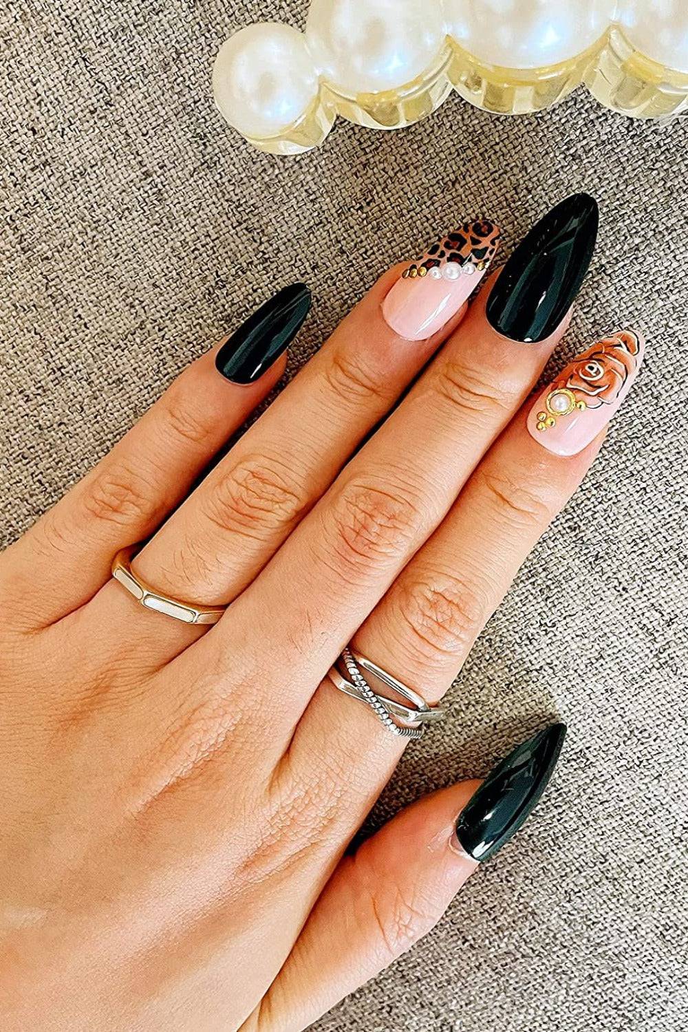 Black Leopard Print & Pearls French Tip Stiletto Press On Nails - TGC Boutique - Press On Nails