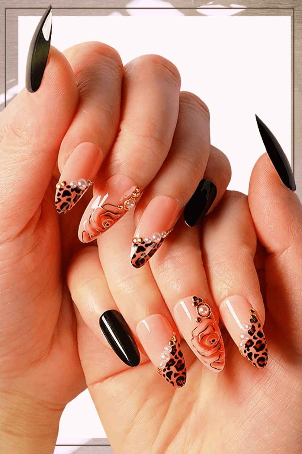 Black Leopard Print & Pearls French Tip Stiletto Press On Nails - TGC Boutique - Press On Nails