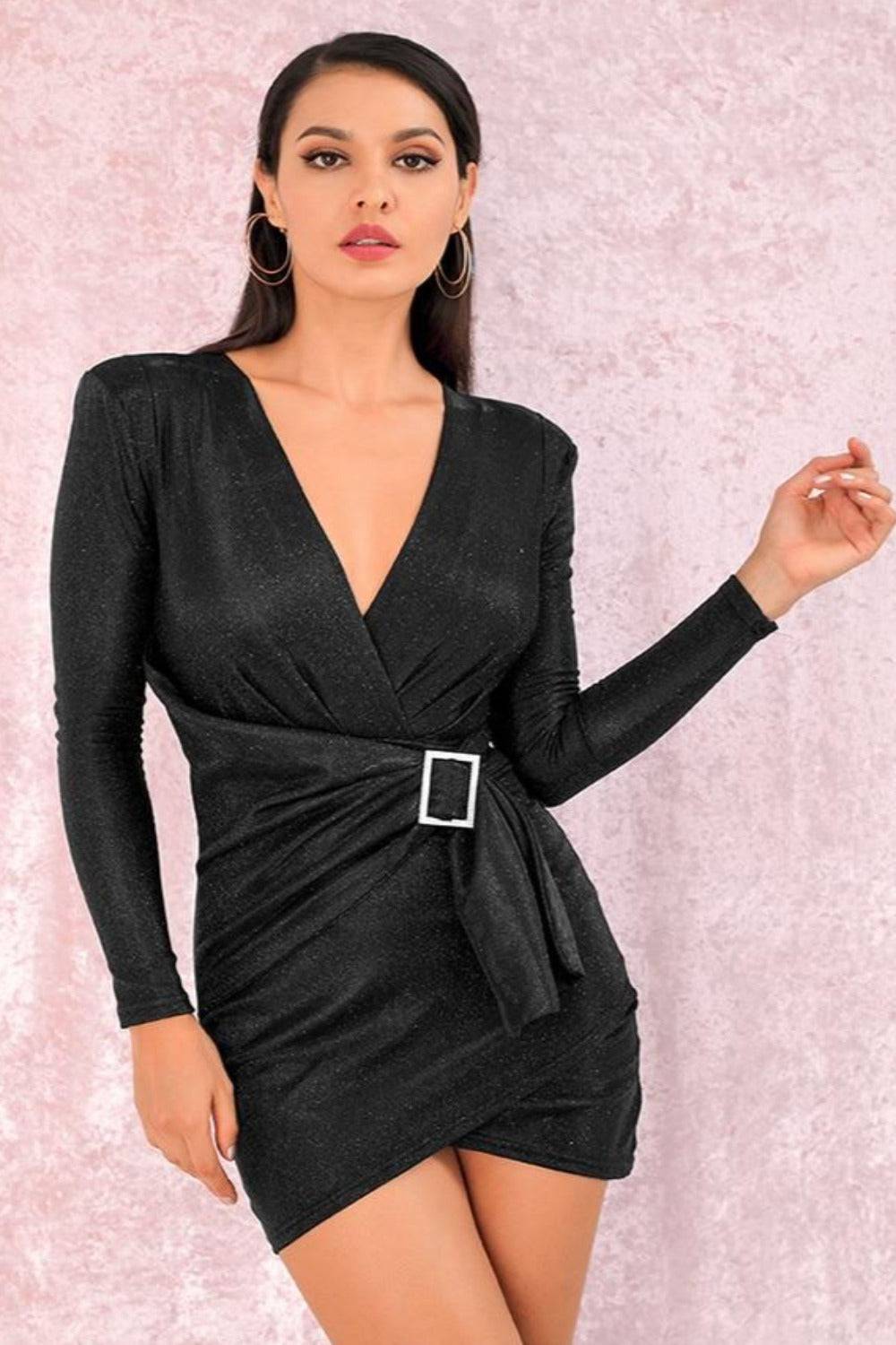 Black Metallic Foil Long Sleeve Asymmetric Belted Mini Dress - TGC Boutique - Mini Dress