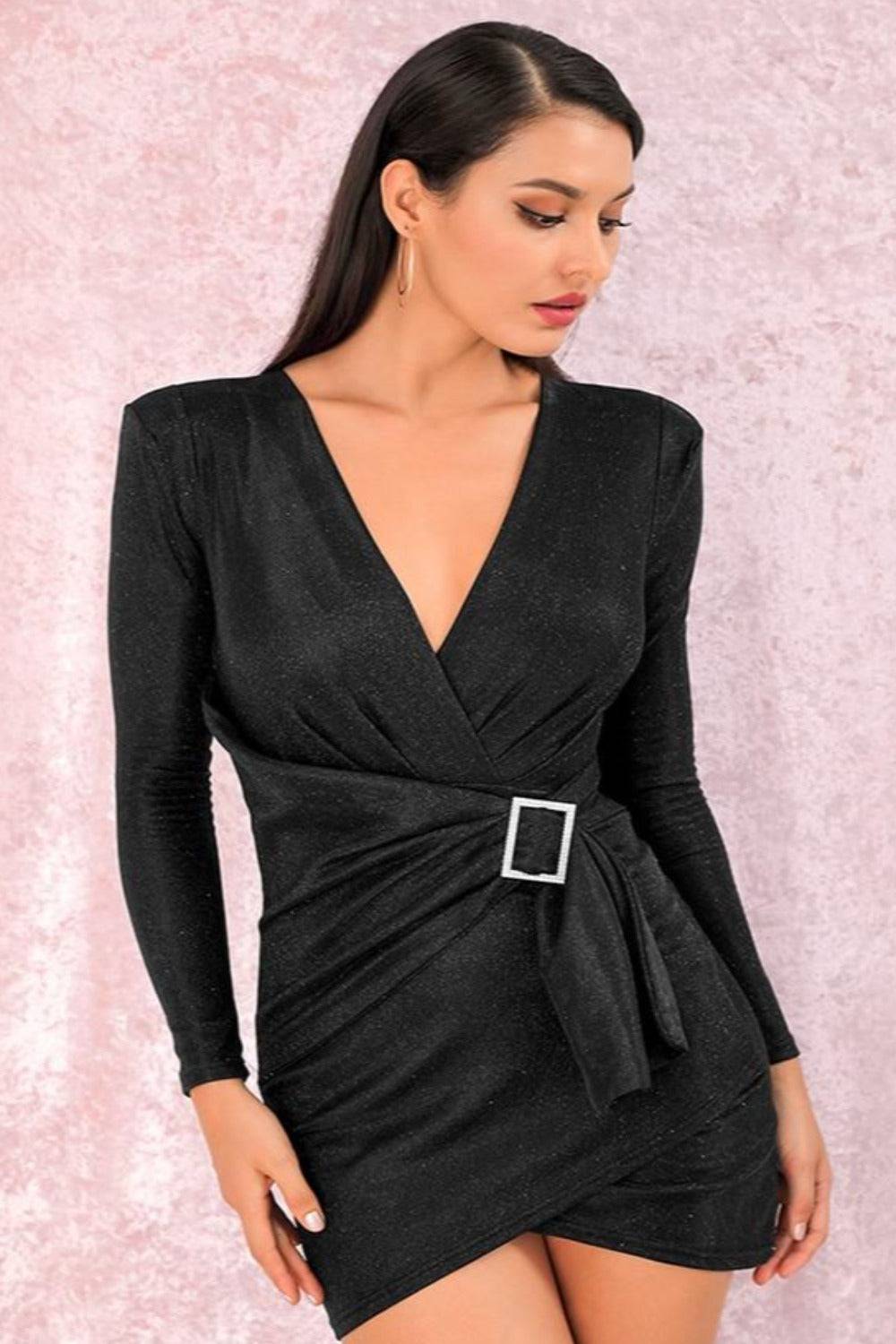 Black Metallic Foil Long Sleeve Asymmetric Belted Mini Dress - TGC Boutique - Mini Dress