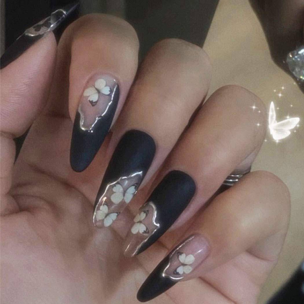 Black Press On Nails Matte Stiletto Butterfly Nail Kit - TGC Boutique - Press On Nails