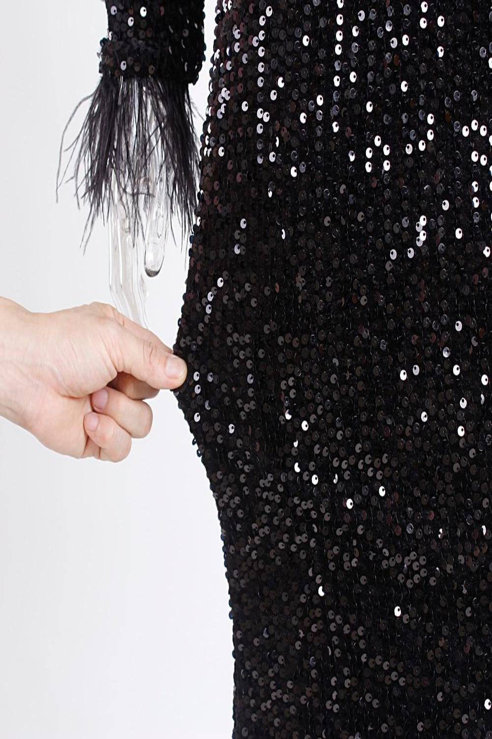 Black Sequin Strapless Feather Long Sleeve Maxi Dress - TGC Boutique - Black Feather Dress