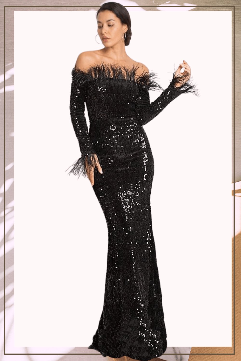 Black Sequin Strapless Feather Long Sleeve Maxi Dress - TGC Boutique Black Sequin Strapless Feather Long Sleeve Maxi Dress - TGC Boutique